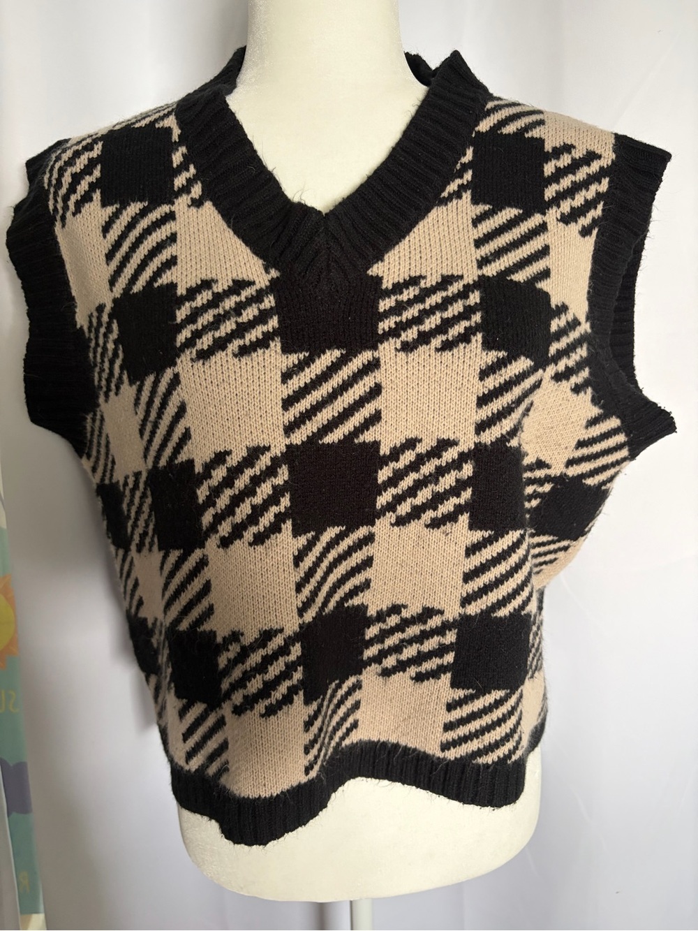 Black and Beige Check V-Neck Sweater Vest